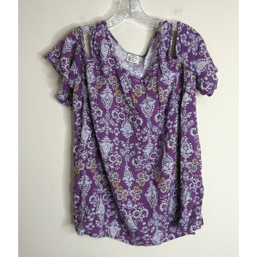 St. Johns Bay Top Womens XL Purple Paisley Cold Shoulder Floral Short Sleeve